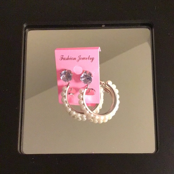Silver Crystal Studs and White Pearl Hoop Earrings NIP - Picture 3 of 4